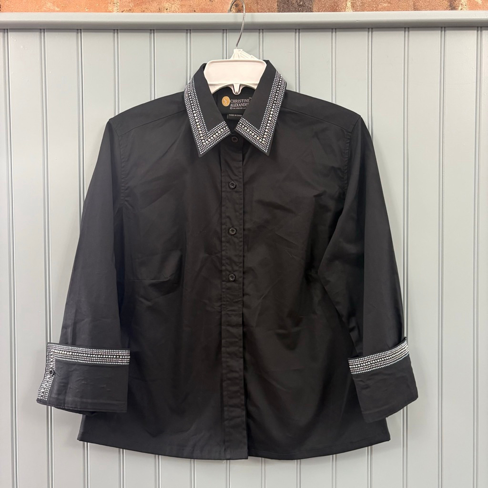 Christine Alexander Rhinestone Black Button Down Top Size Small